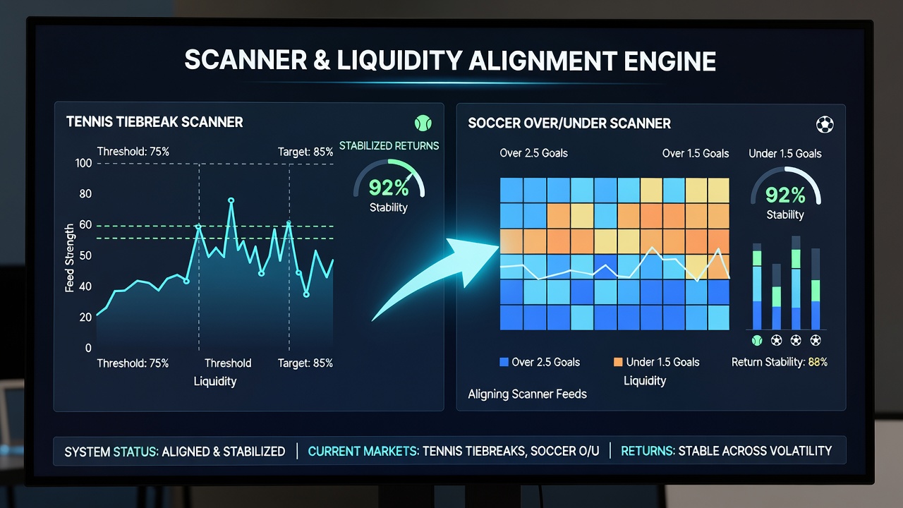 Scanner interface displaying real-time tennis and soccer market data feeds aligned with liquidity indicators