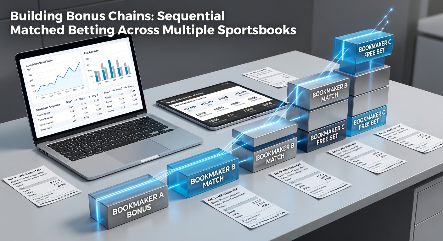 Illustration of interconnected sportsbooks forming a chain of bonuses, with arrows showing sequential bets flowing from one to the next
