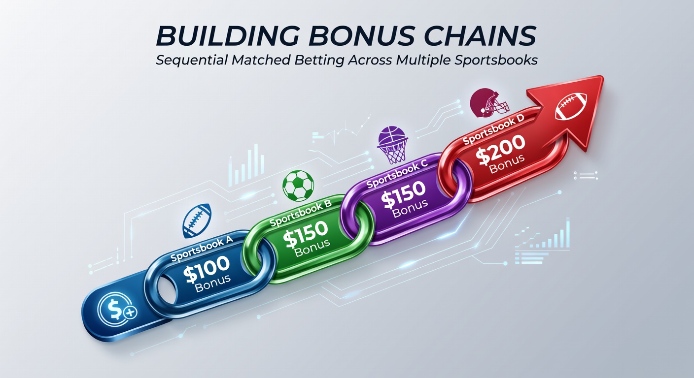 Diagram showing a step-by-step bonus chain across five sportsbooks, with profit arrows accumulating from left to right
