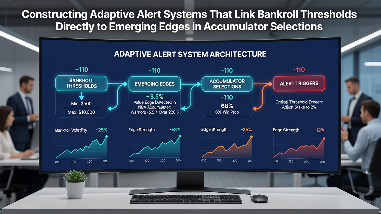 Diagram showing interconnected bankroll monitoring nodes feeding into accumulator selection alerts