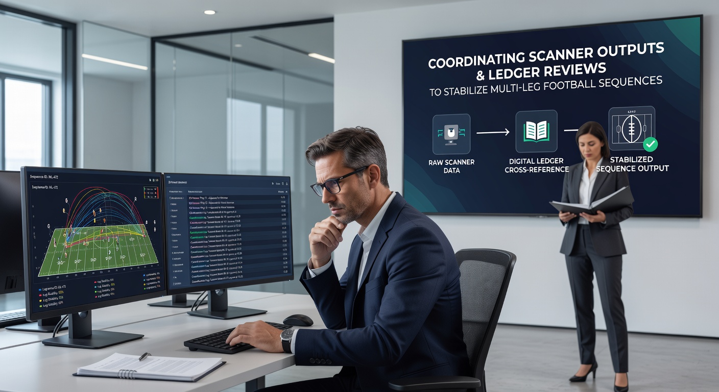 Illustration of bet scanners feeding data into a digital ledger dashboard for multi-leg football sequences