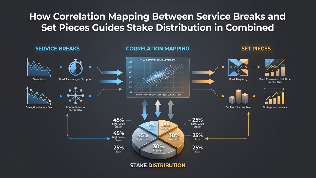Screenshot of a correlation dashboard displaying tennis break data aligned with football set piece statistics and suggested stake percentages