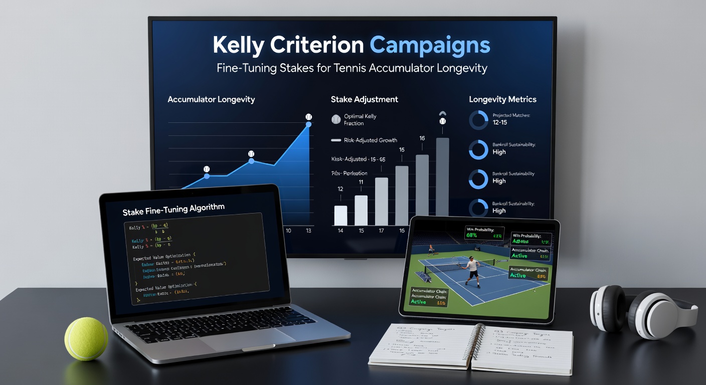 Graph illustrating Kelly Criterion stake sizing curves applied to tennis accumulator bets, showing bankroll growth over multiple campaigns