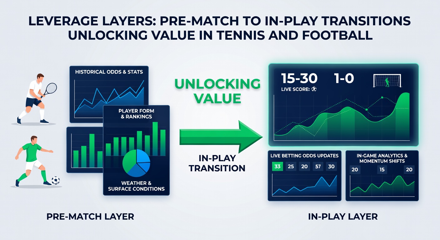 Football stadium crowd during live action overlaid with tennis scoreboard, showing leverage layer progression from pre-match spreads to in-play corners and breaks with graphical odds shifts