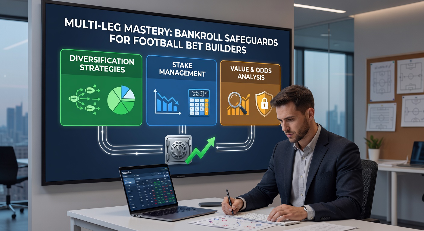 Graph illustrating bankroll curves over 500 bet builder wagers, comparing fixed unit vs. Kelly criterion strategies with football match icons overlayed