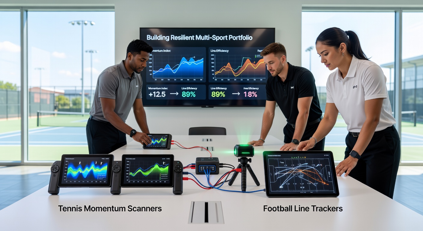 Split-screen visualization of a tennis scanner alerting on momentum shift next to a football tracker highlighting live line drift, with portfolio performance graphs below