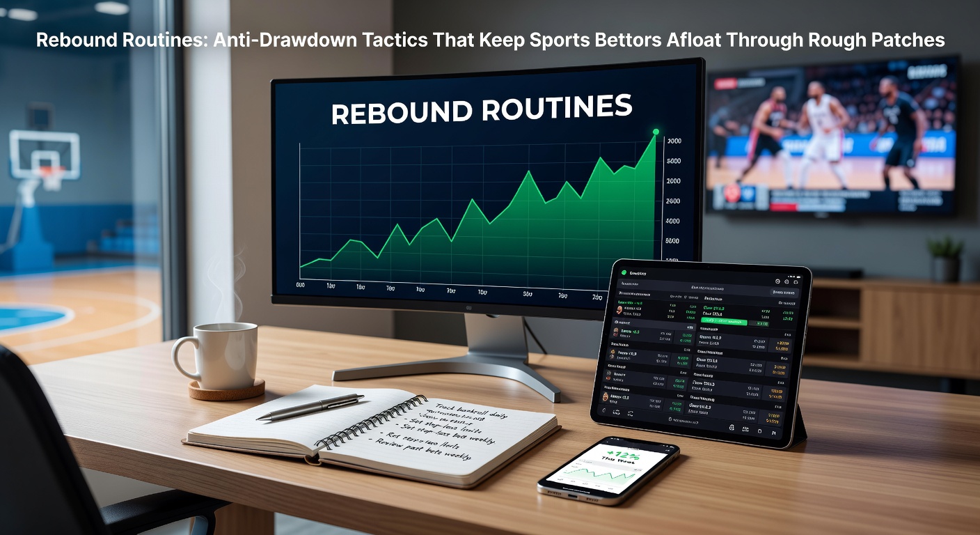Graph showing a sports betting drawdown curve with recovery arrows highlighting rebound phases