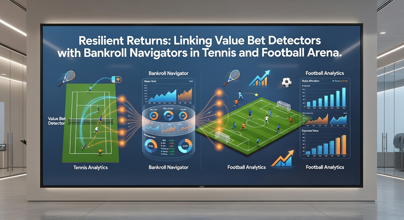 Close-up of integrated betting interface showing tennis match value alert synced to bankroll stake recommendation beside football odds comparison chart