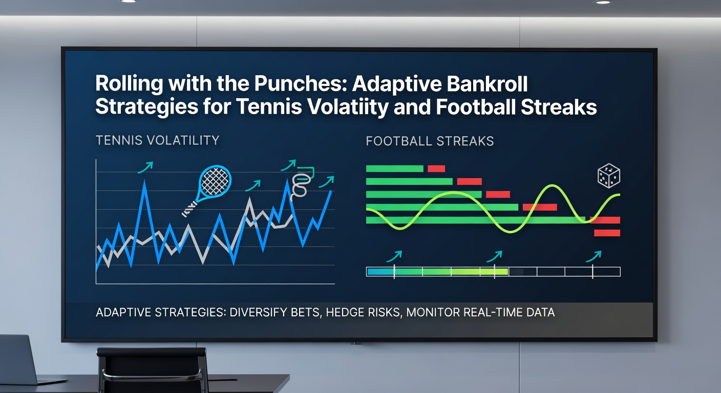 Dashboard screenshot displaying adaptive stake adjustments for a tennis match volatility spike and a football streak progression