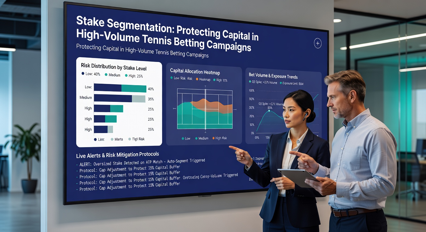 Tennis court during a high-stakes match with overlaid charts of stake distribution protecting bankroll during a losing streak