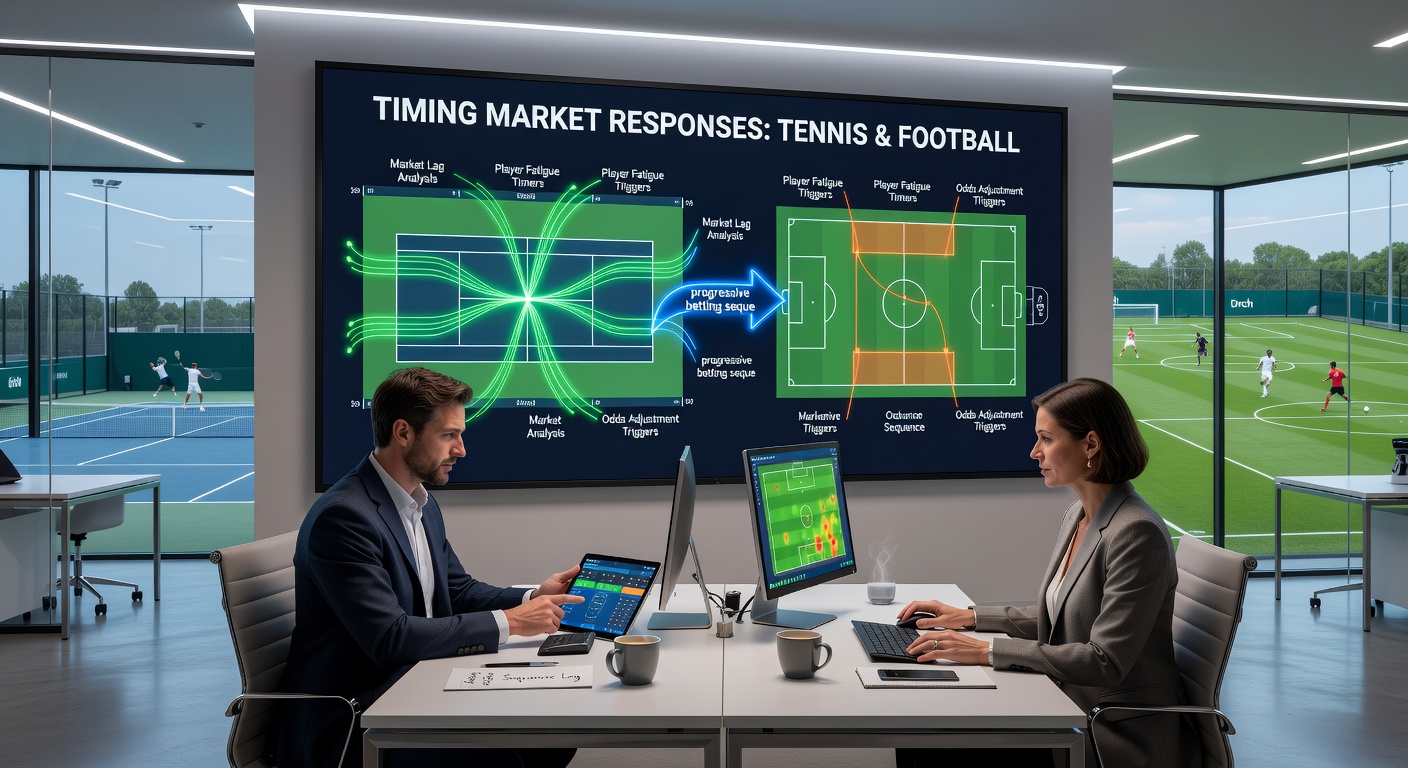 Split screen showing live tennis odds ticker alongside football pitch with in-play betting interface and progression indicators