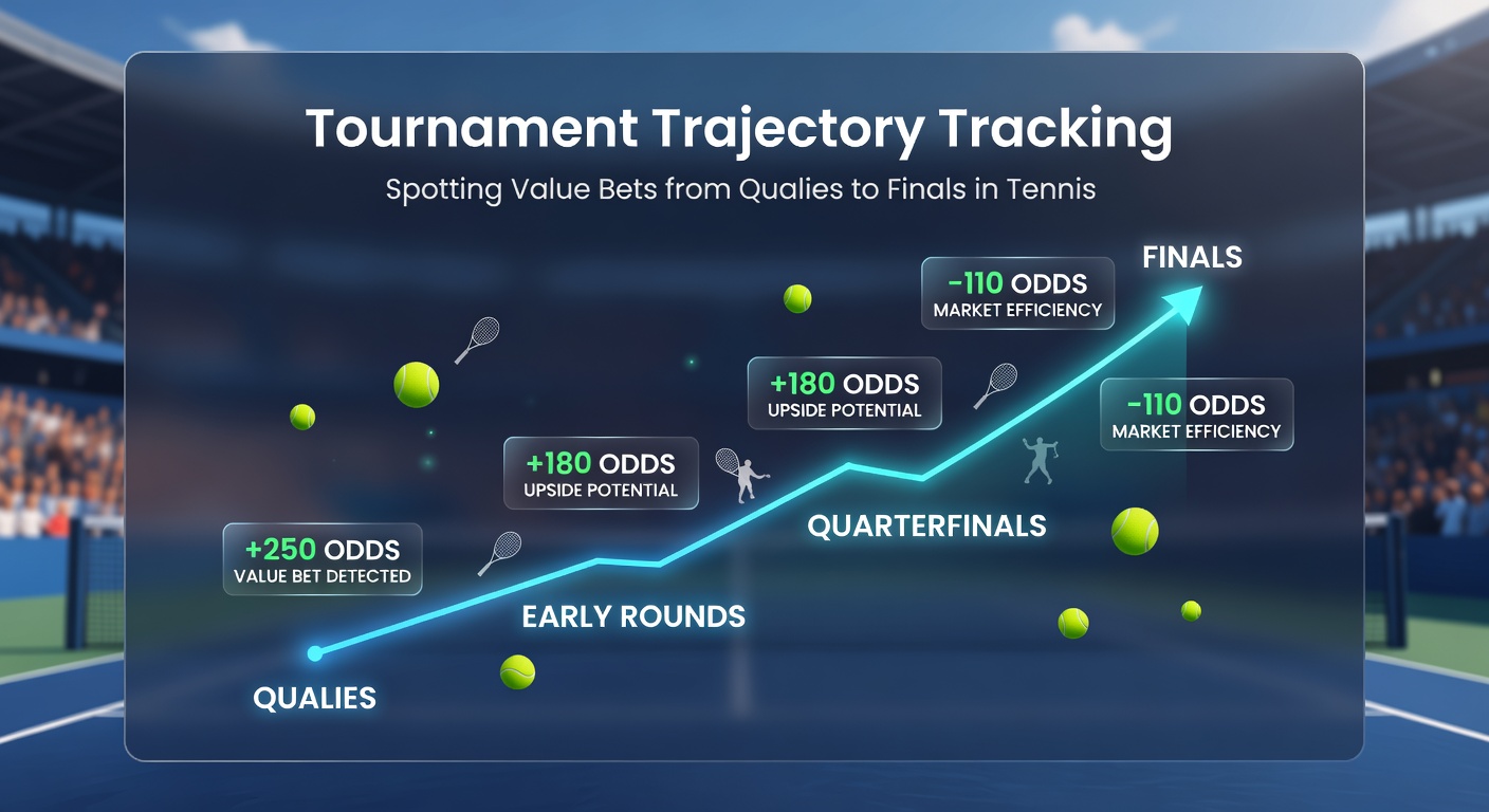 Tennis player serving on clay court during qualifiers, with odds board in background highlighting early value opportunities