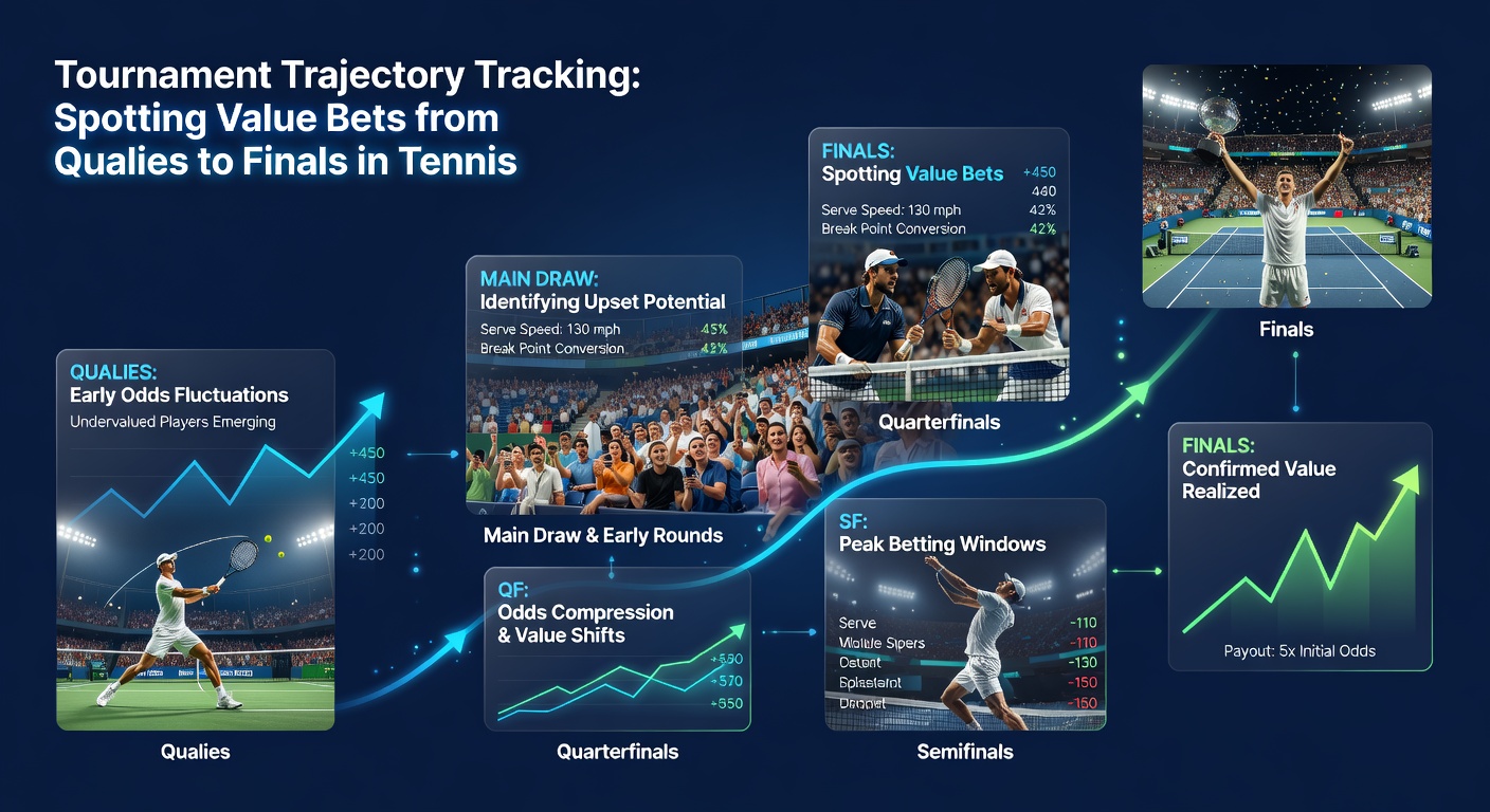 Dynamic tennis rally in main draw match, showing player tracking data overlay with shifting odds graphs